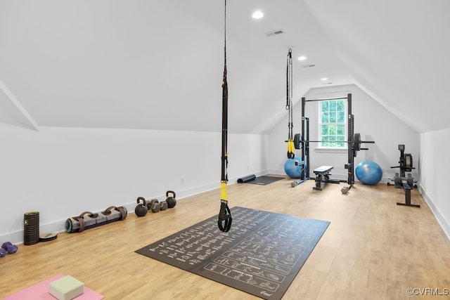 547 River Rd, Manakin Sabot, VA 23103 - exercise room featuring lofted ceiling, wood finished floors, and recessed lighting