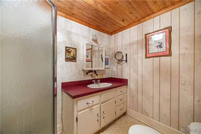 198 Trices Lake Rd, Columbia, VA 23038 - bathroom with wooden ceiling, vanity, toilet, baseboards, and a shower stall