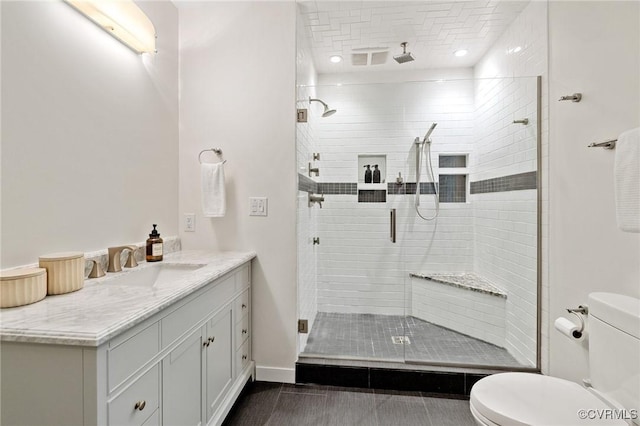 322 Charmian Rd, Richmond, VA 23226 - bathroom with toilet, a shower stall, vanity, tile patterned floors, and baseboards
