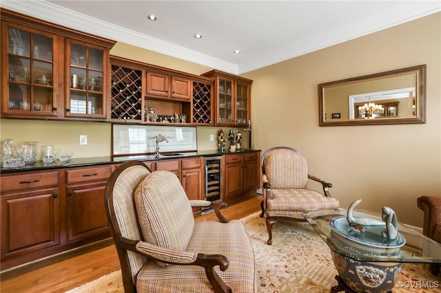 561 Hill Grove Rd, Manakin Sabot, VA 23103 - indoor bar featuring beverage cooler, light wood-type flooring, crown molding, and recessed lighting