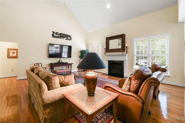 561 Hill Grove Rd, Manakin Sabot, VA 23103 - living area with high vaulted ceiling, a fireplace with flush hearth, healthy amount of natural light, and light wood-type flooring