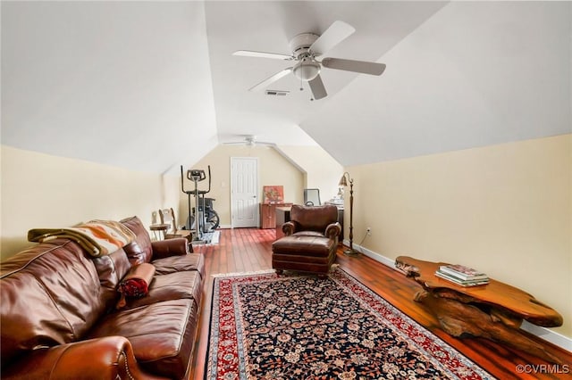 561 Hill Grove Rd, Manakin Sabot, VA 23103 - living area with ceiling fan, hardwood / wood-style flooring, lofted ceiling, and baseboards