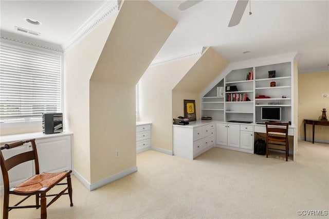 561 Hill Grove Rd, Manakin Sabot, VA 23103 - home office featuring light colored carpet, ceiling fan, crown molding, built in shelves, and baseboards