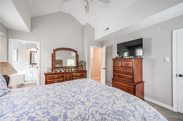 16397 Goshen Rd, Montpelier, VA 23192 - carpeted bedroom with high vaulted ceiling, a ceiling fan, baseboards, and ensuite bath