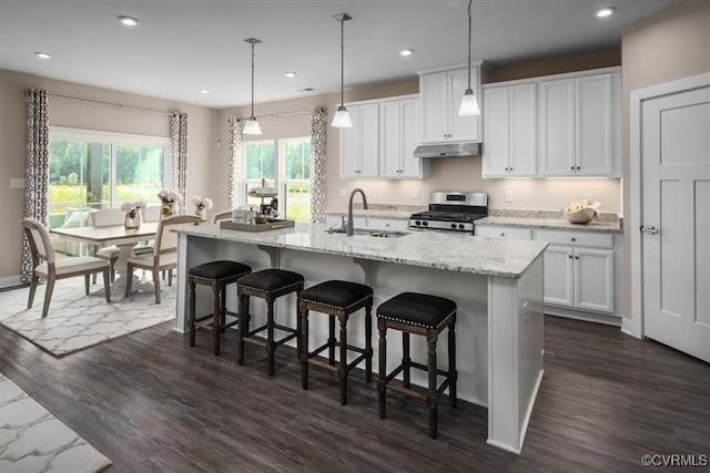 7 Abercrombie Dr, Chesterfield, VA 23838 - kitchen featuring a sink, stainless steel gas range, dark wood-type flooring, white cabinets, and recessed lighting
