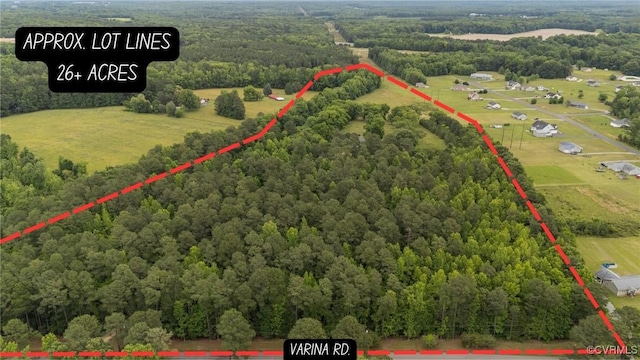 9341 Varina Rd, Henrico, VA 23231 - aerial view of property and surrounding area with property parcel outlined and a forest