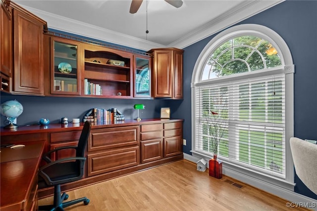 9085 Winter Spring Dr, Mechanicsville, VA 23116 - office with a ceiling fan, light wood-type flooring, and crown molding