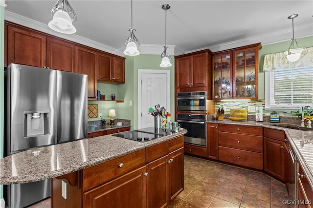 9085 Winter Spring Dr, Mechanicsville, VA 23116 - kitchen with appliances with stainless steel finishes, a sink, a center island, ornamental molding, and glass insert cabinets