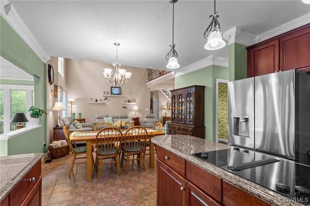 9085 Winter Spring Dr, Mechanicsville, VA 23116 - kitchen featuring stainless steel fridge with ice dispenser, black electric cooktop, crown molding, open floor plan, and hanging light fixtures