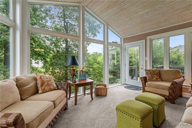9085 Winter Spring Dr, Mechanicsville, VA 23116 - sunroom featuring plenty of natural light, carpet floors, vaulted ceiling, and wooden ceiling