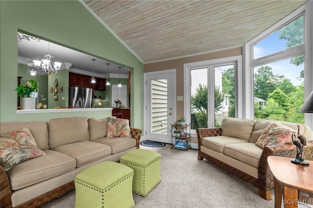 9085 Winter Spring Dr, Mechanicsville, VA 23116 - living area featuring vaulted ceiling, ornamental molding, a chandelier, light carpet, and wood ceiling