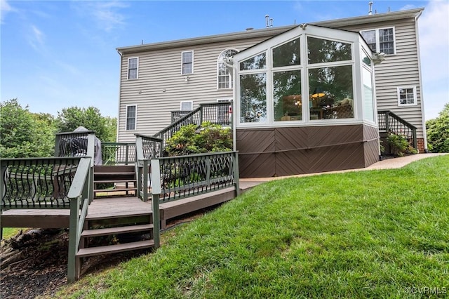 9085 Winter Spring Dr, Mechanicsville, VA 23116 - back of house with stairs, a deck, and a lawn