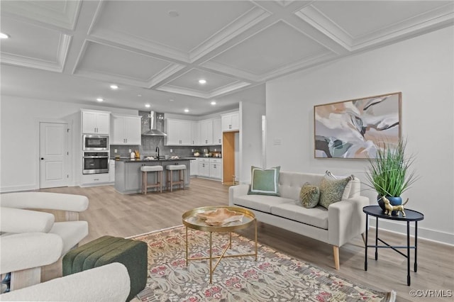 9074 Winter Spring Dr, Mechanicsville, VA 23116 - living area with light wood-type flooring, recessed lighting, coffered ceiling, beam ceiling, and baseboards