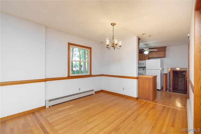 6495 Robin Way, Mechanicsville, VA 23111 - unfurnished dining area with a baseboard radiator, a chandelier, light wood-style flooring, and ceiling fan