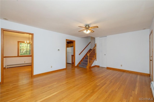 6495 Robin Way, Mechanicsville, VA 23111 - unfurnished living room with a baseboard heating unit, stairs, light wood-style flooring, ceiling fan, and baseboards