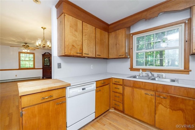 6495 Robin Way, Mechanicsville, VA 23111 - kitchen featuring dishwasher, a sink, light wood-type flooring, baseboard heating, and a chandelier