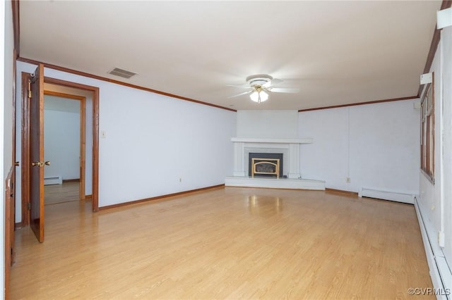6495 Robin Way, Mechanicsville, VA 23111 - unfurnished living room featuring a ceiling fan, baseboard heating, a baseboard heating unit, light wood-type flooring, and ornamental molding