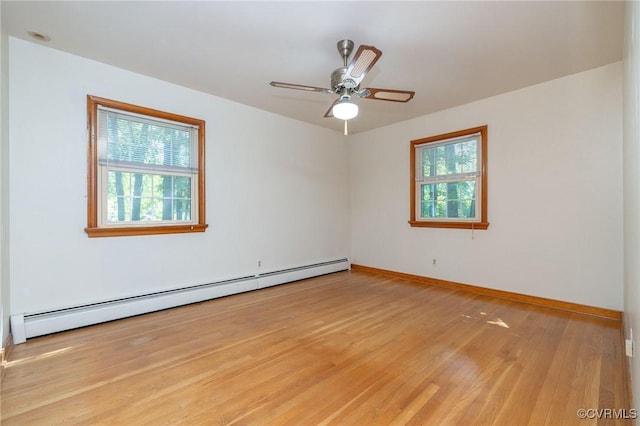 6495 Robin Way, Mechanicsville, VA 23111 - spare room featuring a baseboard radiator, light wood-style floors, baseboards, and a ceiling fan