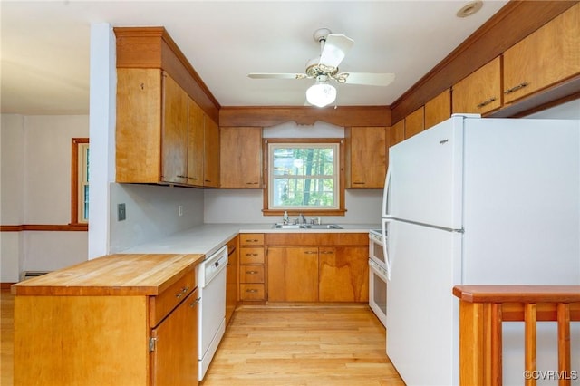 6495 Robin Way, Mechanicsville, VA 23111 - kitchen with white appliances, light wood-type flooring, a sink, ceiling fan, and butcher block counters