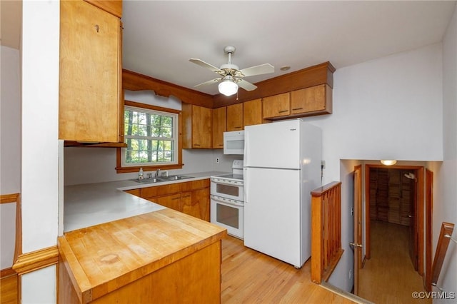 6495 Robin Way, Mechanicsville, VA 23111 - kitchen with white appliances, light wood-style flooring, a sink, a ceiling fan, and butcher block counters