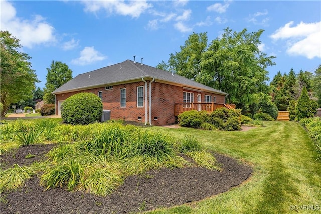 4905 Old Millrace Pl, Glen Allen, VA 23059 - view of property exterior with brick siding, central AC, a wooden deck, and a yard