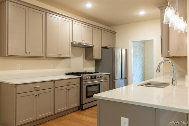 207 Eliza Ln, Aylett, VA 23009 - kitchen featuring stainless steel appliances, under cabinet range hood, a sink, gray cabinets, and light countertops