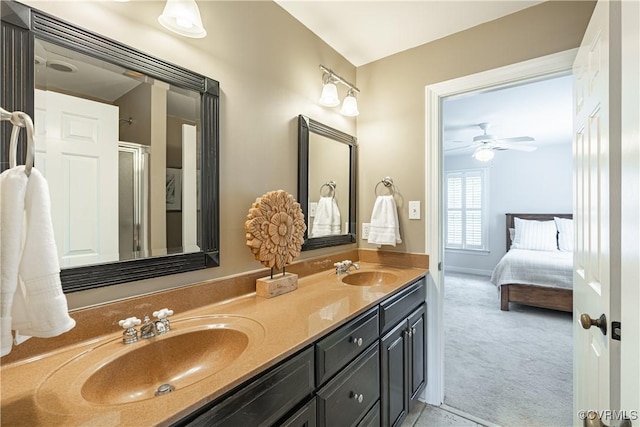 4029 Huntsteed Way, Henrico, VA 23233 - bathroom featuring double vanity, connected bathroom, a shower with door, ceiling fan, and tile patterned flooring