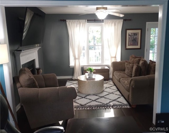 1412 Pritchard Ter, Chesterfield, VA 23235 - living area featuring wood finished floors, a fireplace, healthy amount of natural light, and a ceiling fan