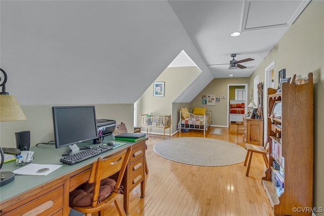 431 Ships Row, Montross, VA 22520 - office space featuring light wood finished floors, a ceiling fan, vaulted ceiling, and recessed lighting