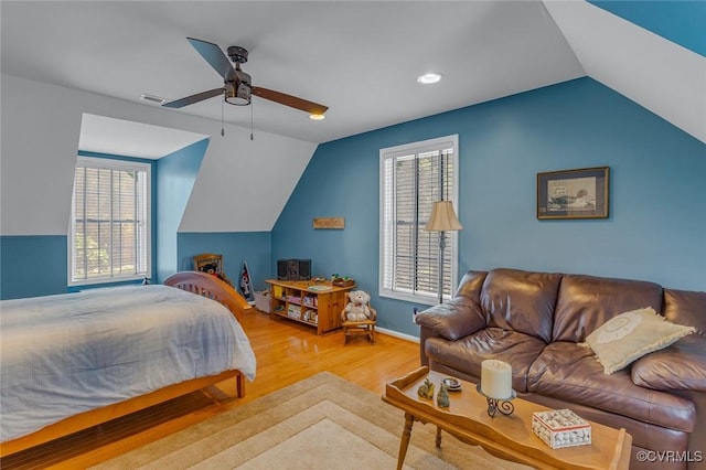 431 Ships Row, Montross, VA 22520 - bedroom featuring vaulted ceiling, wood finished floors, multiple windows, ceiling fan, and recessed lighting