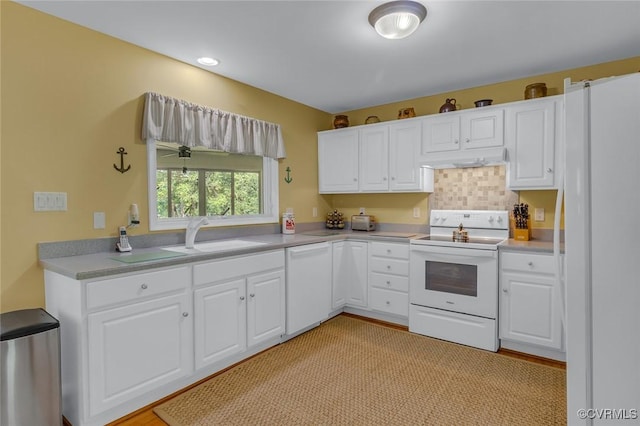 431 Ships Row, Montross, VA 22520 - kitchen featuring white appliances, under cabinet range hood, white cabinets, and light countertops