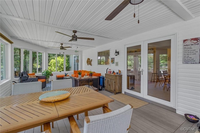431 Ships Row, Montross, VA 22520 - sunroom featuring a ceiling fan, french doors, and a wood ceiling with exposed beams