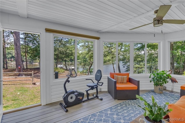 431 Ships Row, Montross, VA 22520 - sunroom / solarium featuring a ceiling fan, hardwood / wood-style floors, and a water view