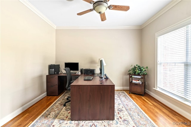 2220 French Hill Ter, Powhatan, VA 23139 - office area featuring light wood-style flooring, baseboards, crown molding, and ceiling fan
