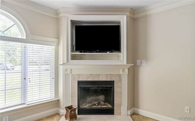 2220 French Hill Ter, Powhatan, VA 23139 - detailed view of a premium fireplace, baseboards, ornamental molding, and carpet flooring