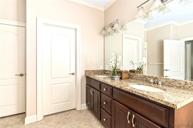 2220 French Hill Ter, Powhatan, VA 23139 - bathroom with double vanity, crown molding, tile patterned flooring, and baseboards