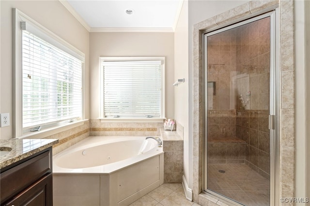 2220 French Hill Ter, Powhatan, VA 23139 - bathroom featuring a garden tub, vanity, a stall shower, ornamental molding, and tile patterned floors