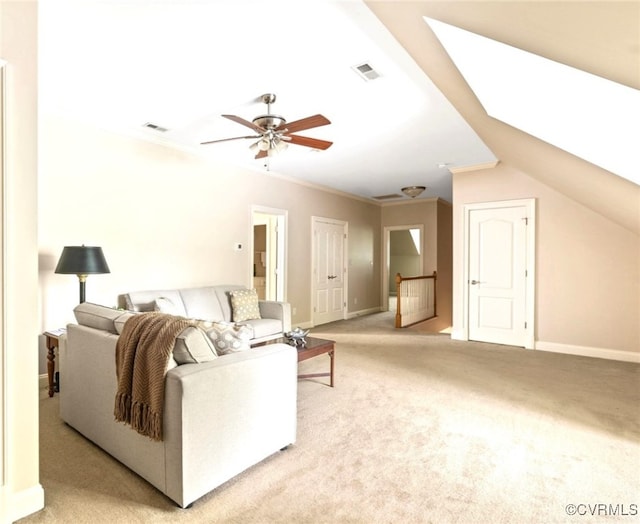 2220 French Hill Ter, Powhatan, VA 23139 - living room with light colored carpet, a skylight, ceiling fan, baseboards, and ornamental molding