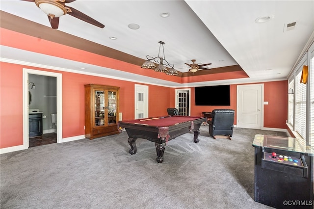 2220 French Hill Ter, Powhatan, VA 23139 - game room featuring a raised ceiling, ceiling fan, carpet floors, billiards table, and baseboards