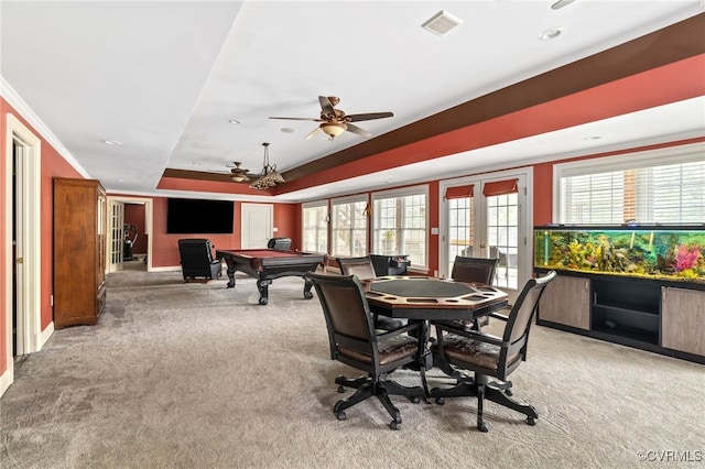 2220 French Hill Ter, Powhatan, VA 23139 - recreation room featuring light colored carpet, billiards table, ceiling fan, a tray ceiling, and ornamental molding