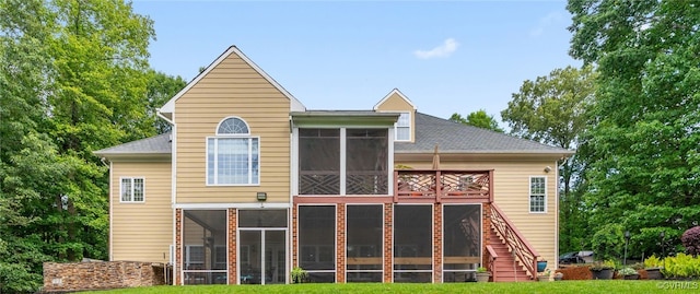 2220 French Hill Ter, Powhatan, VA 23139 - back of property featuring a sunroom, stairway, and roof with shingles