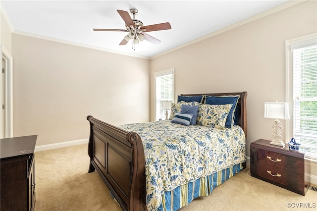 2220 French Hill Ter, Powhatan, VA 23139 - bedroom featuring light colored carpet, baseboards, ornamental molding, and a ceiling fan