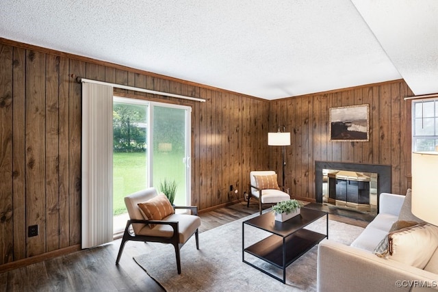 9548 Bent Wood Ln, North Chesterfield, VA 23237 - living room featuring wood walls, a glass covered fireplace, wood finished floors, and a textured ceiling