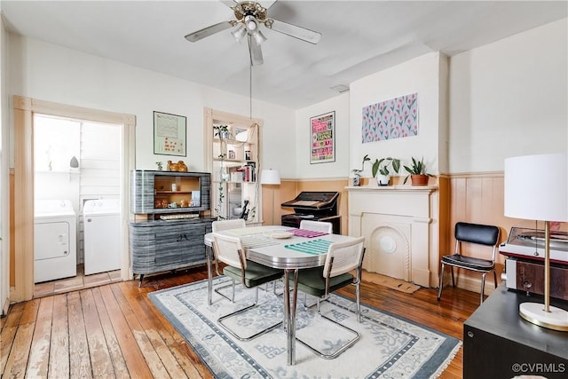 430 S Pine St, Richmond, VA 23220 - office with washing machine and clothes dryer, ceiling fan, hardwood / wood-style floors, and a wainscoted wall