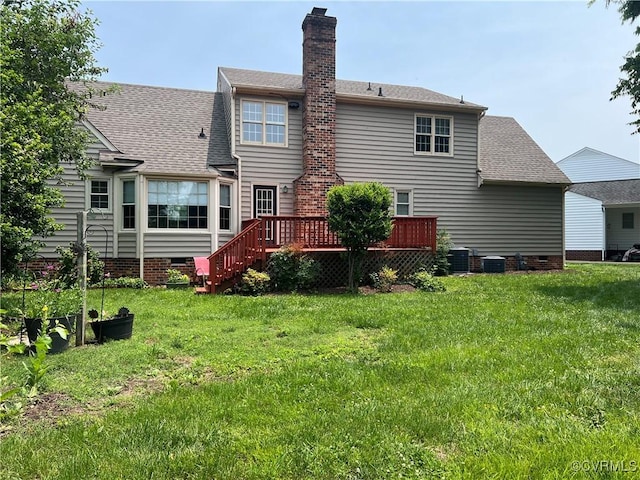 8172 Dunfee Ln, Mechanicsville, VA 23111 - rear view of property featuring a wooden deck, crawl space, a chimney, a lawn, and a shingled roof