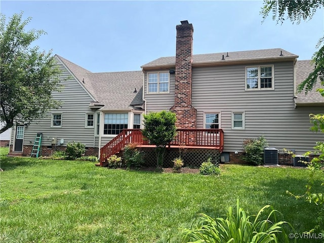 8172 Dunfee Ln, Mechanicsville, VA 23111 - rear view of property with cooling unit, a deck, a chimney, and a lawn