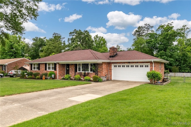 10904 Burleigh Dr, South Prince George, VA 23805 - ranch-style house with a garage, concrete driveway, a chimney, and brick siding
