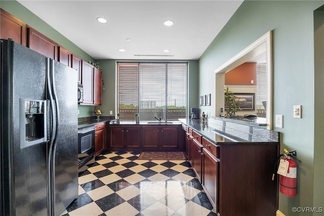1101 Haxall Pt Unit U1001, Richmond, VA 23219 - kitchen featuring black refrigerator with ice dispenser, electric range oven, reddish brown cabinets, dark countertops, and recessed lighting
