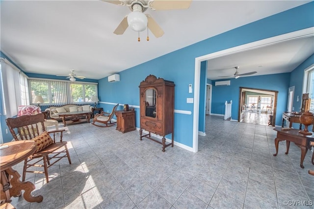 154 Riverside Dr, Deltaville, VA 23043 - living room with a ceiling fan, a wall unit AC, and tile patterned flooring