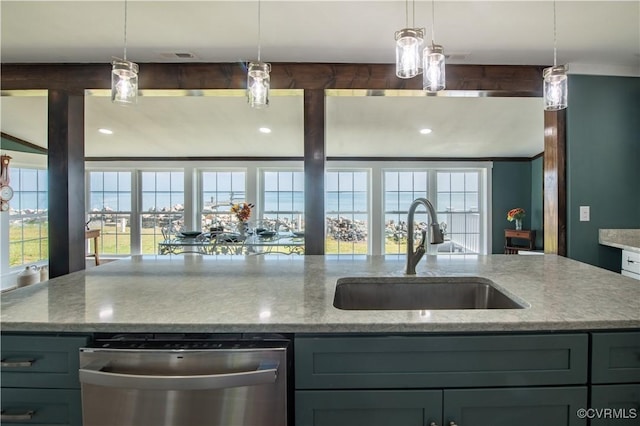 154 Riverside Dr, Deltaville, VA 23043 - kitchen featuring stainless steel dishwasher, a sink, light stone counters, and pendant lighting